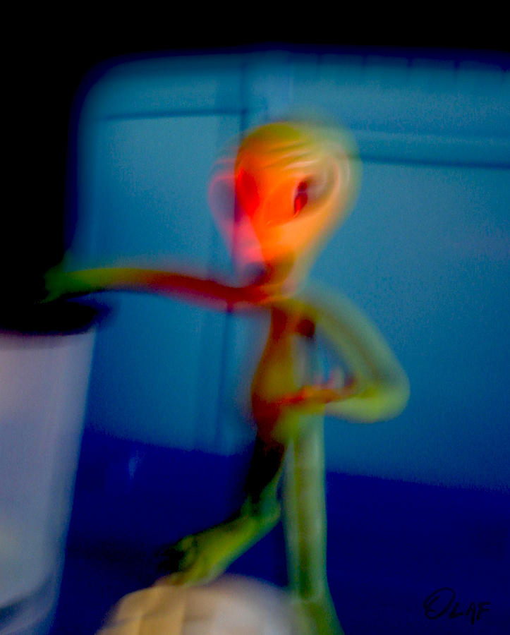 Alien Photograph - Alien in his back yard by the pool is startled by Big Foot and shrieks like schoolgirl by Del Gaizo