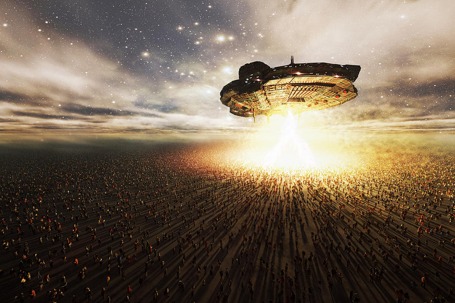 Alien UFO hovering over great masses of people, abduction, invasion Photograph by Matjaz Slanic