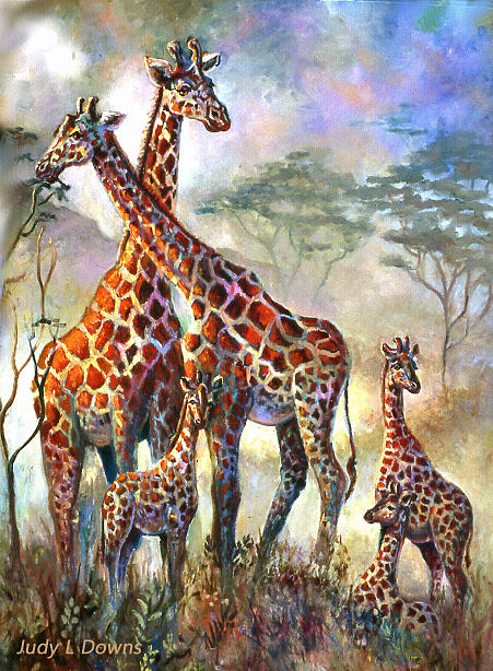 Giraffe Painting - All in the family by Judy Downs