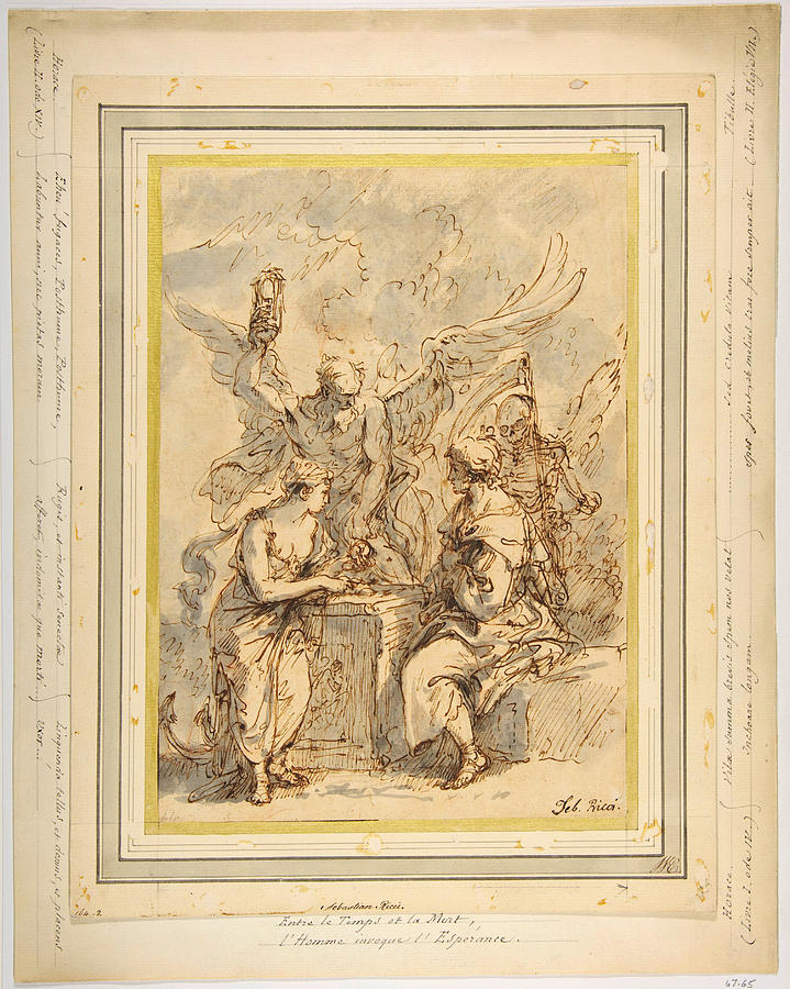 Sebastiano Ricci Drawing - Allegory with Figures of Hope Time and Death by Celestial Images