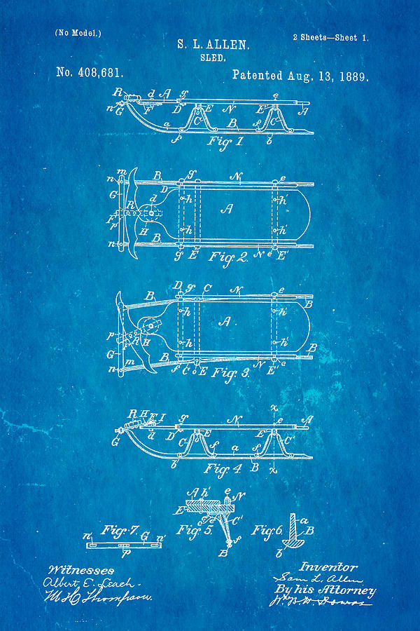 Toy Photograph - Allen Sled Patent Art 1889 Blueprint by Ian Monk