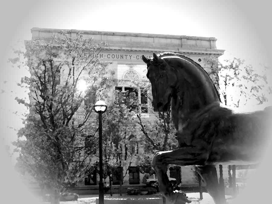 Allentown PA Lehigh County Court House and daVinci Horse BW Vig Photograph by Jacqueline M Lewis