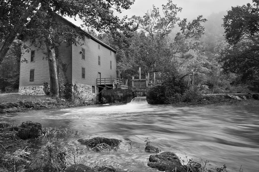 Black And White Photograph - Alley Spring Mill - Black and White by Gregory Ballos