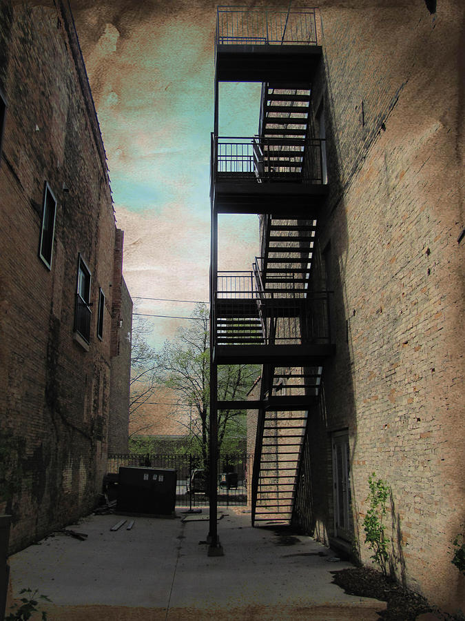 Alley with Fire Escape and Grunge Border 1 Digital Art by Anita Burgermeister