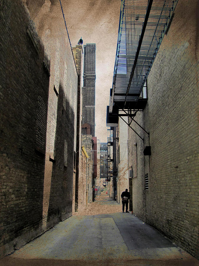 Alley with Guy Reading and Grunge Border Digital Art by Anita Burgermeister