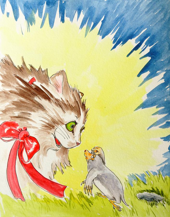 Cat Painting - Allie meets Mr. Mole by Carole Powell