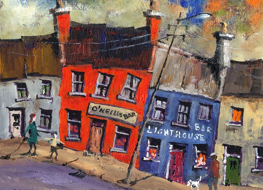 Allihies Main Street in Beara, Lighthouse Bar. Painting by Val Byrne