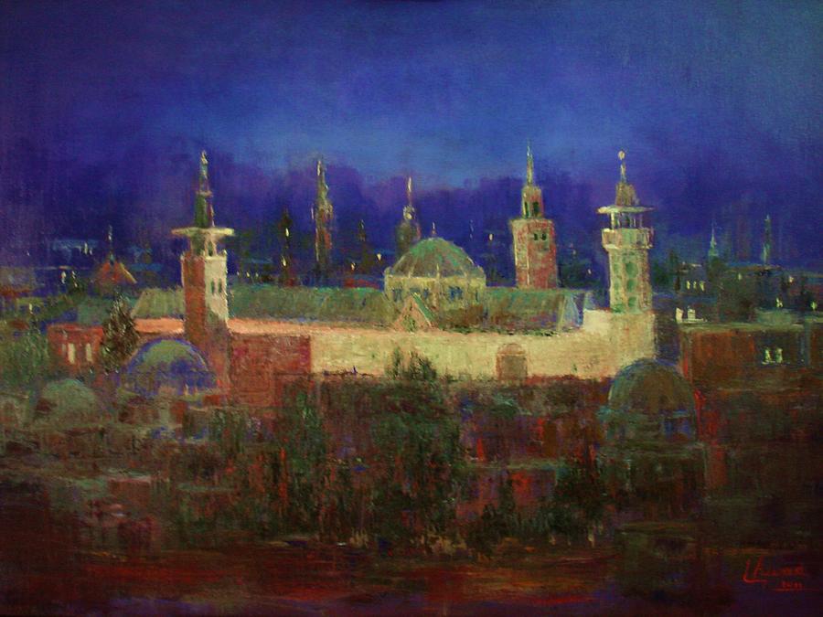Almasjed Alamawe at Night  Painting by Laila Awad Jamaleldin