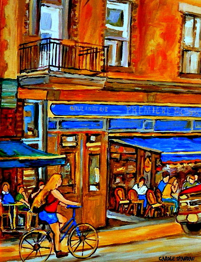 Along The Bike Path Blonde Girl Cycles Past Montreal Cafe Scene Memories Of Summertime In The City Painting by Carole Spandau
