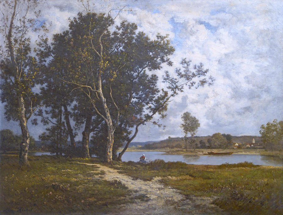 Along The River - Barbizon 1880s Painting by David Lloyd Glover
