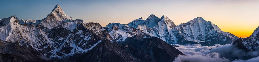 Alpenglow on dramatic mountain peaks panorama Ama Dablam Himalayas Nepal Photograph by fotoVoyager