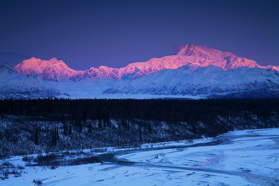 Alpenglow On Mt. Mckinley And Mt Photograph by Lucas Payne