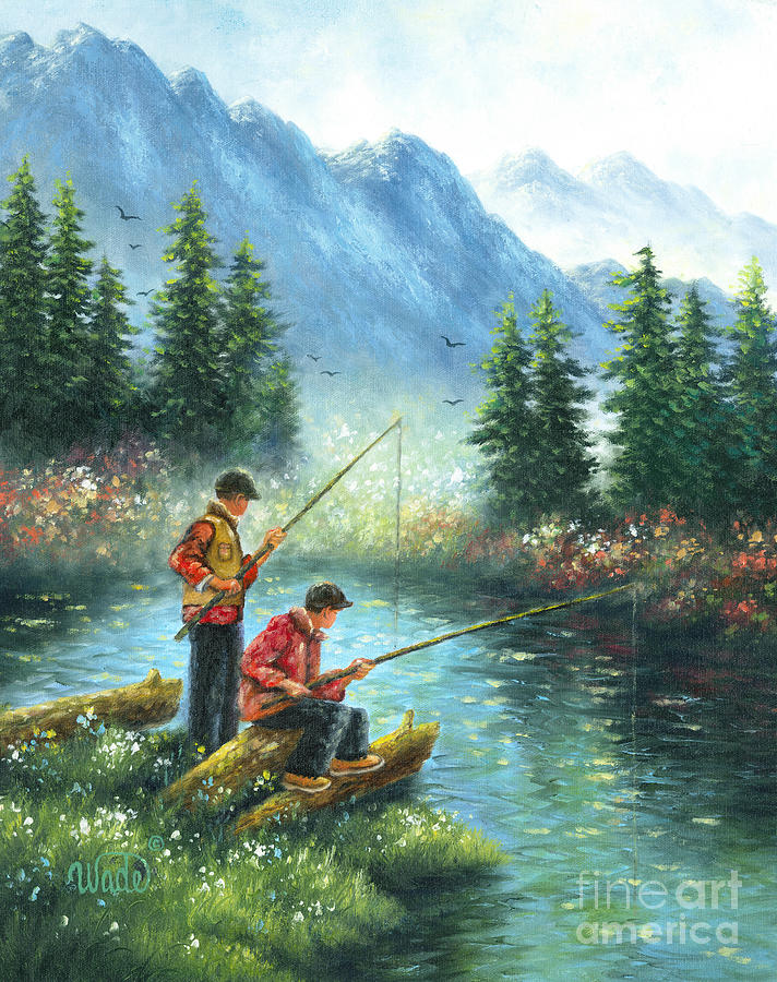 Alpine Lake Fishing Two Boys by Vickie Wade