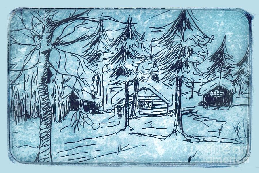 Alpine Snow Storm Blue Frame Drawing by Joan-Violet Stretch