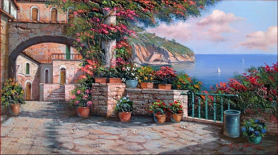 Summer Painting - Amalfi Coast house balcony painting by Ernesto Di Michele