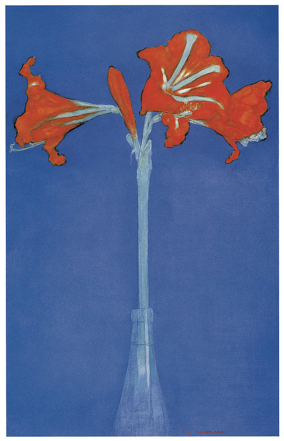 Flower Painting - Amaryllis in a Flask in Front of a Blue Background by Piet Mondrian