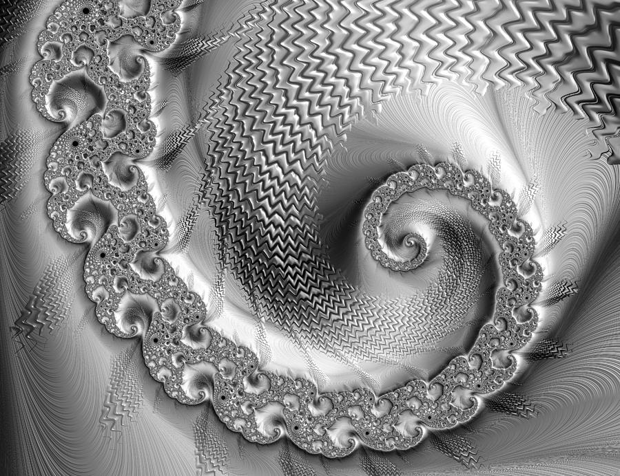 Abstract Digital Art - Amazing metallic shiny silver and grey fractal spiral by Matthias Hauser