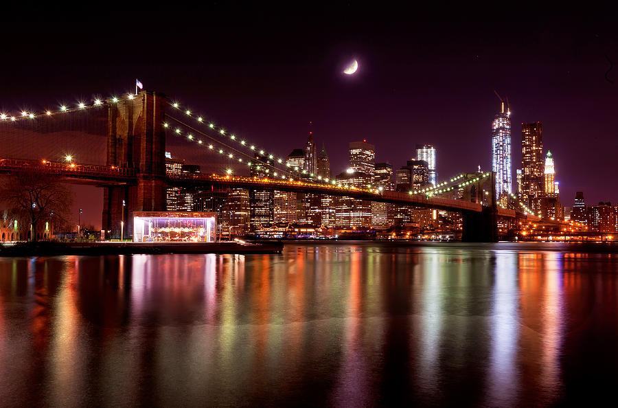 Amazing New York Skyline and Brooklyn Bridge with Moon Rising Photograph by Mitchell R Grosky