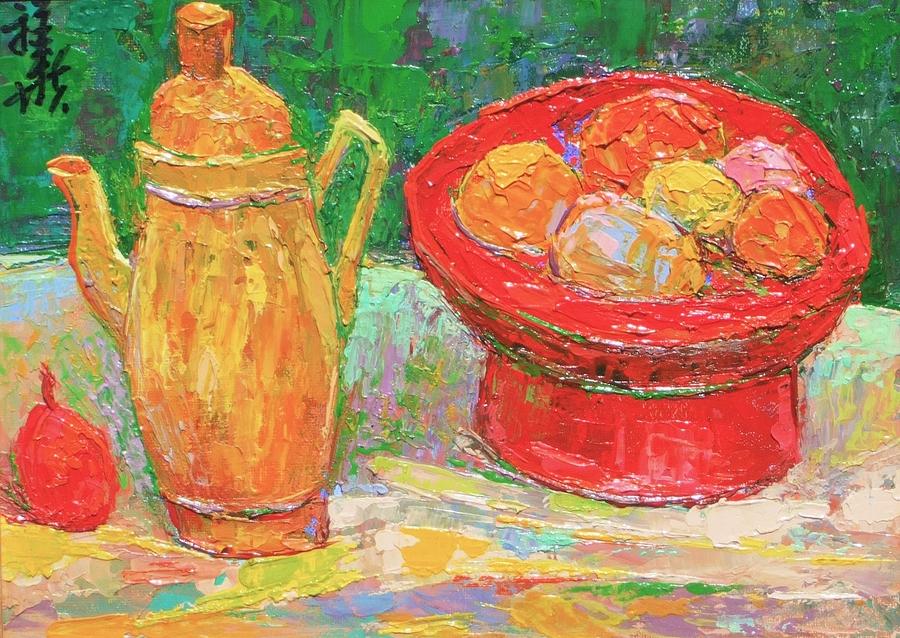 Amber pitcher and red fruit bowl Painting by Siang Hua Wang - Fine Art ...