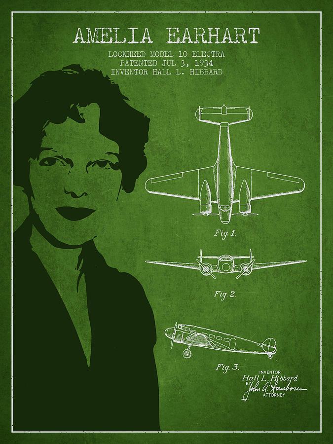 Vintage Digital Art - Amelia Earhart Lockheed Airplane patent from 1934 - Green by Aged Pixel