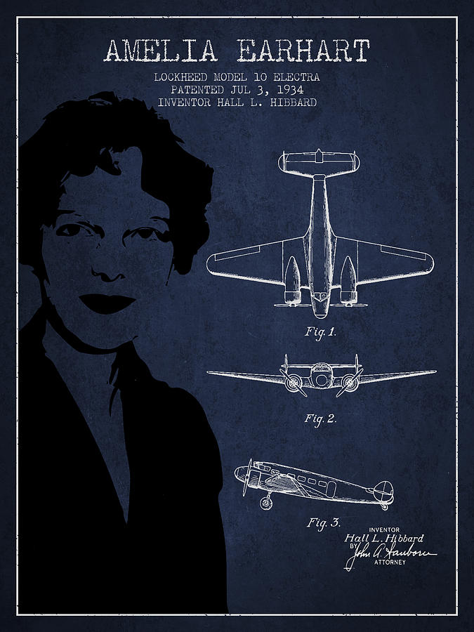 Vintage Digital Art - Amelia Earhart Lockheed Airplane patent from 1934 - Navy Blue by Aged Pixel