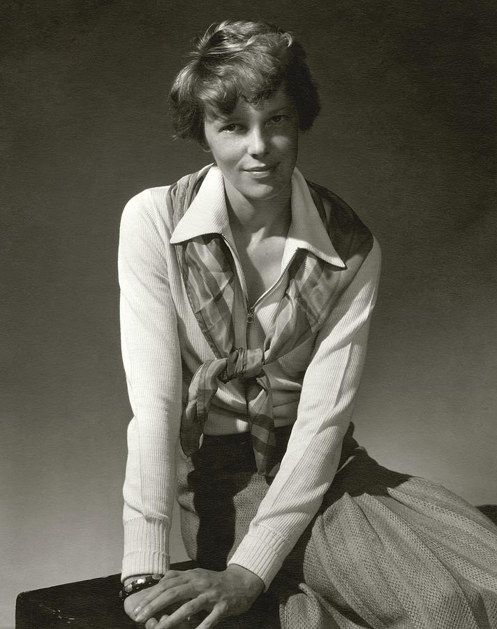 Sports Photograph - Amelia Earhart Wearing A Scarf by Edward Steichen