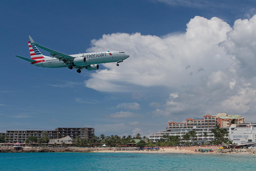 American Airlines landing at St. Maarten Photograph by David Gleeson