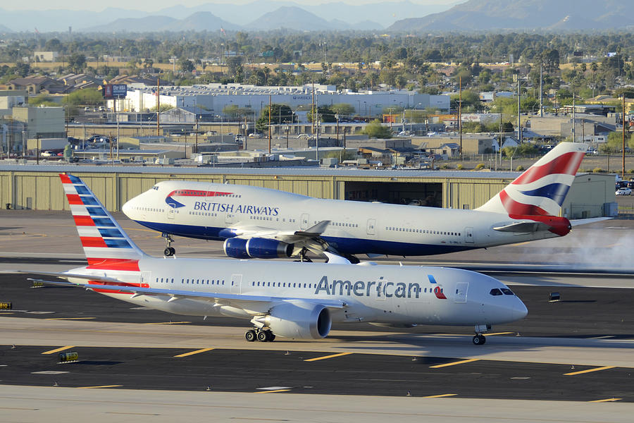Phoenix Photograph - American Boeing 787-823 N801AC and British Airways 747-436 G-BNLX Phoenix Sky Harbor March 10 2015 by Brian Lockett
