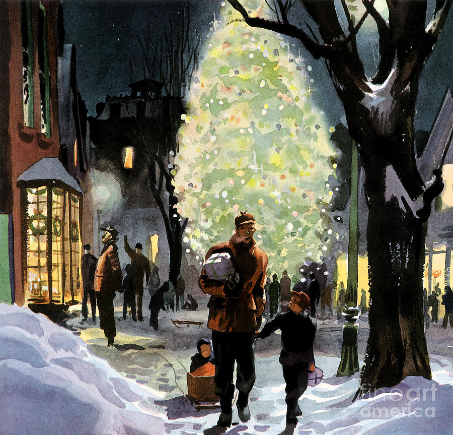American Christmas a father walks with his son through the snow laden streets.  Digital Art by Vintage Collectables