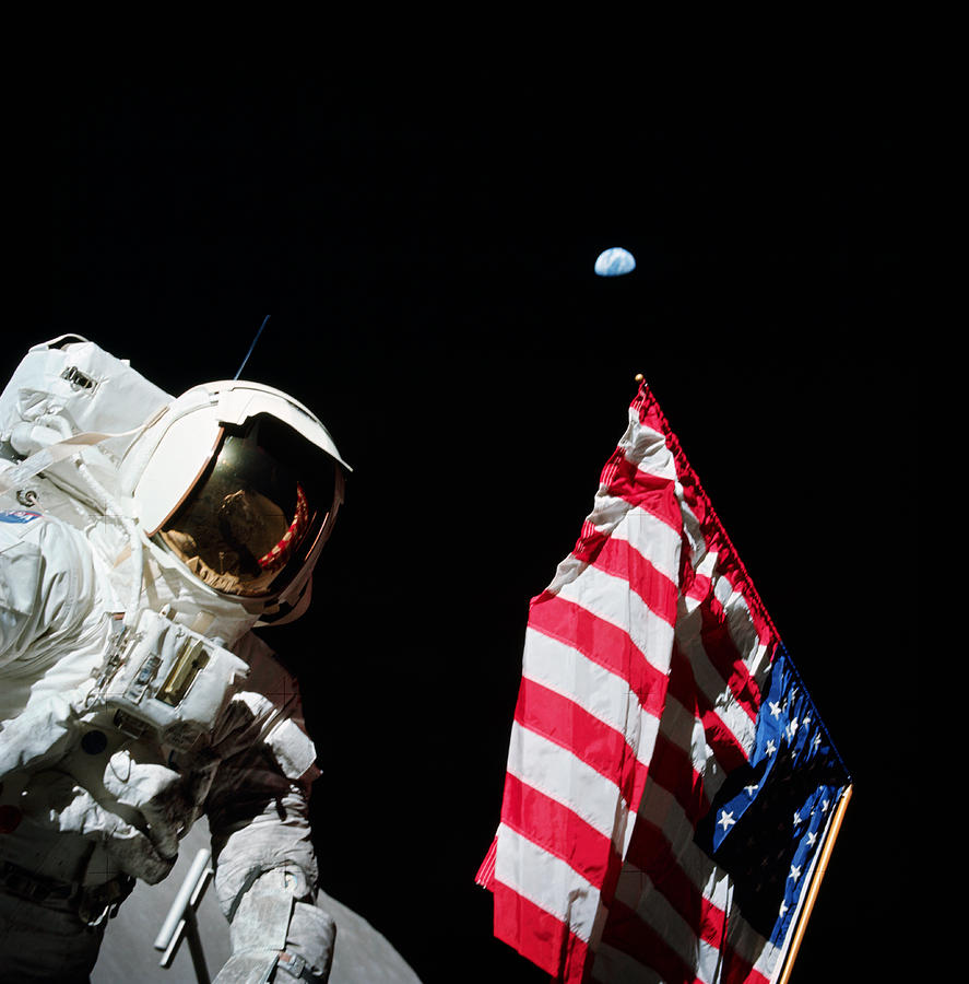 American Flag And Earth In The Background During Apollo 17 Photograph