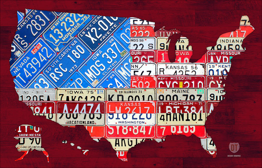 Vintage Mixed Media - American Flag Map of the United States in Vintage License Plates by Design Turnpike