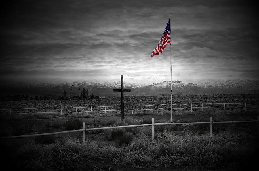 Black And White Photograph - American Flag with Cross by Scott McGuire