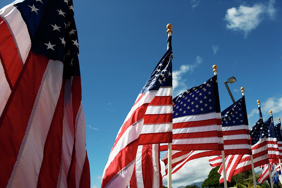 American Flags Blowing In The Breeze Photograph by Ron Koeberer