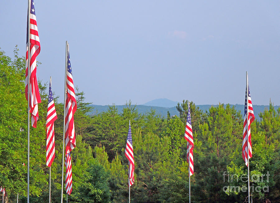 American Flags with Kennesaw Mountain in Background Photograph by Renee Trenholm