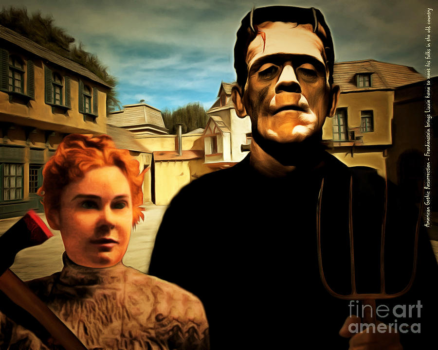 American Gothic Resurrection Frank Brings Lizzie Home To Meet His Folks In The Old Country with text Photograph by Wingsdomain Art and Photography