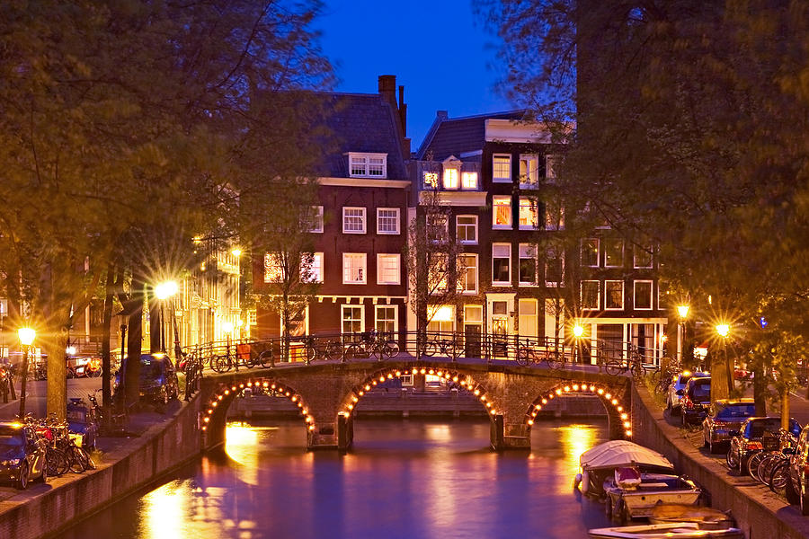 Architecture Photograph - Amsterdam Bridge at Night by Barry O Carroll