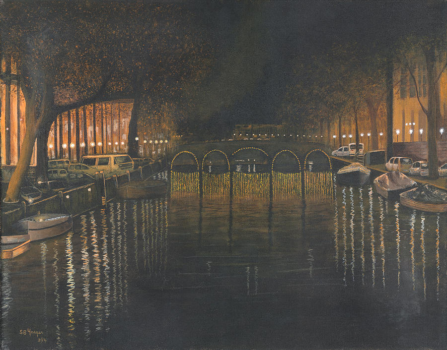 Amsterdam Canal At Midnight Painting by Stuart B Yaeger