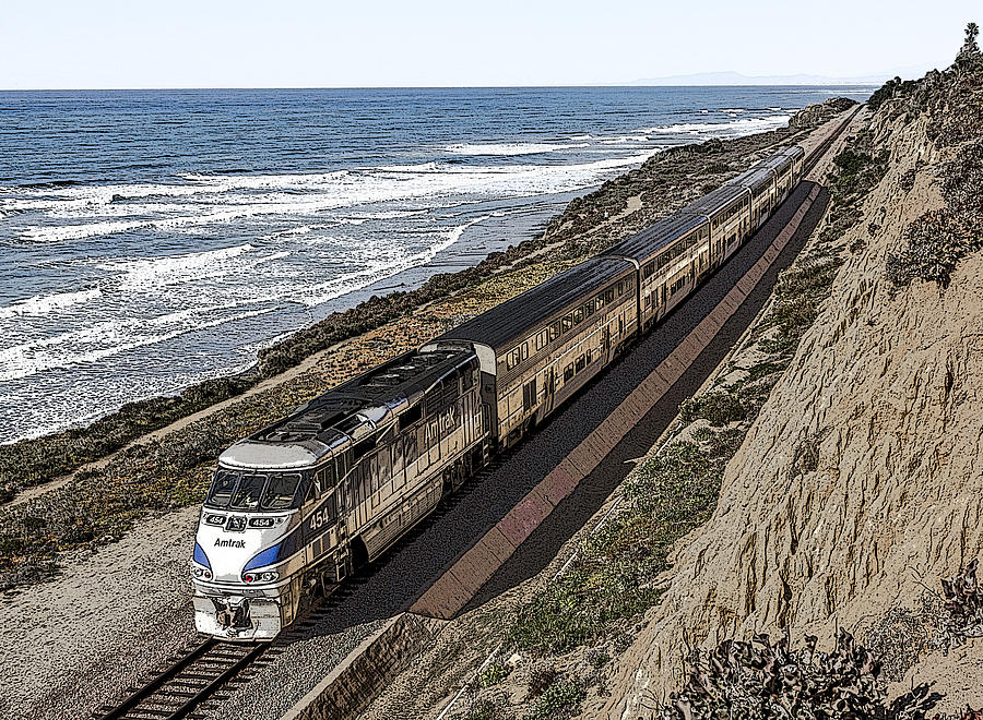 Amtrak by the Ocean Digital Art by Photographic Art by Russel Ray Photos