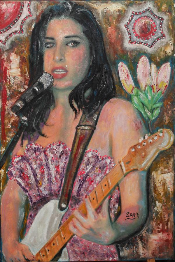 Amy playing her guitar  Painting by Sam Shaker