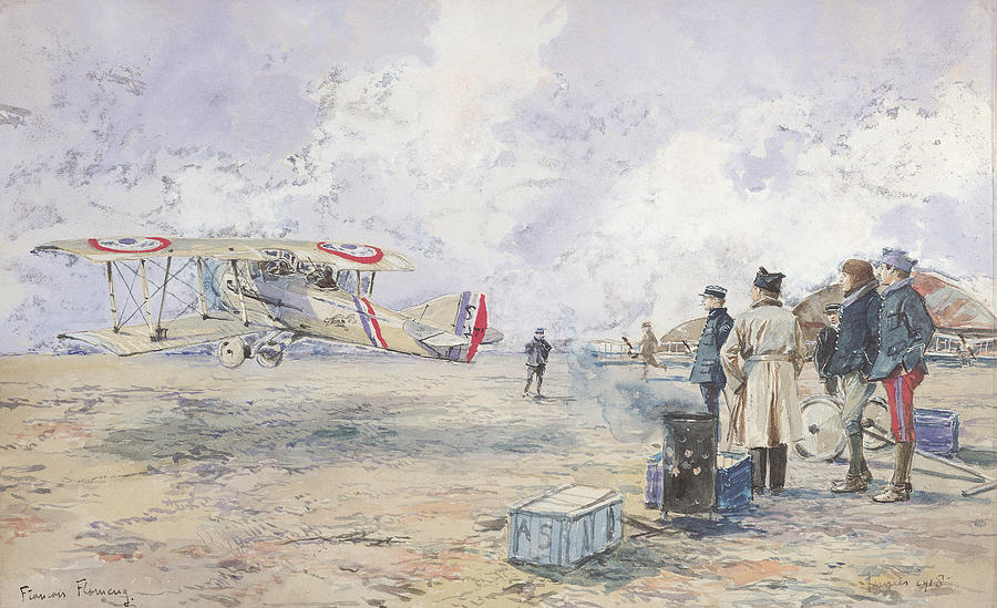 Plane Photograph - An Aeroplane Taking Off, 1913 Wc On Paper by Francois Flameng