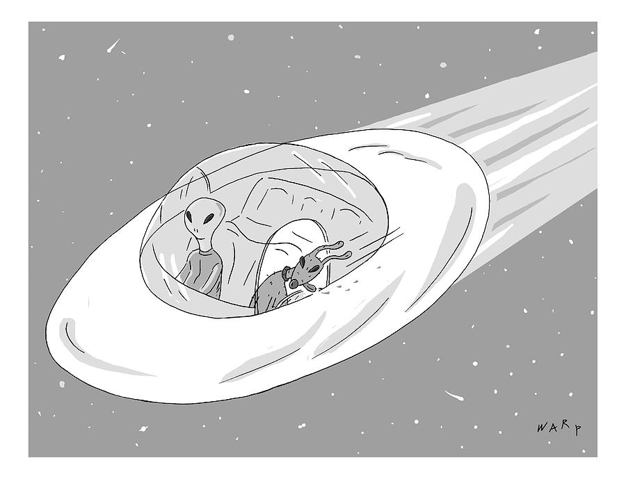 An Alien Cruises Through Space In A Flying Saucer Drawing by Kim Warp