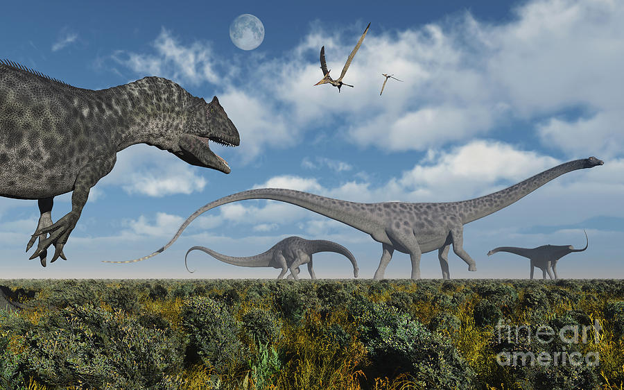 An Allosaurus Dinosaur Stalking A Herd Digital Art By Mark Stevenson Fine Art America