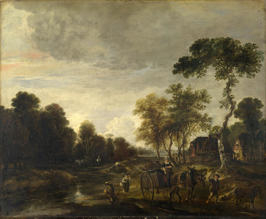 Aert Van Der Neer Painting - An Evening Landscape with a Horse and Cart by a Stream by Aert van der Neer