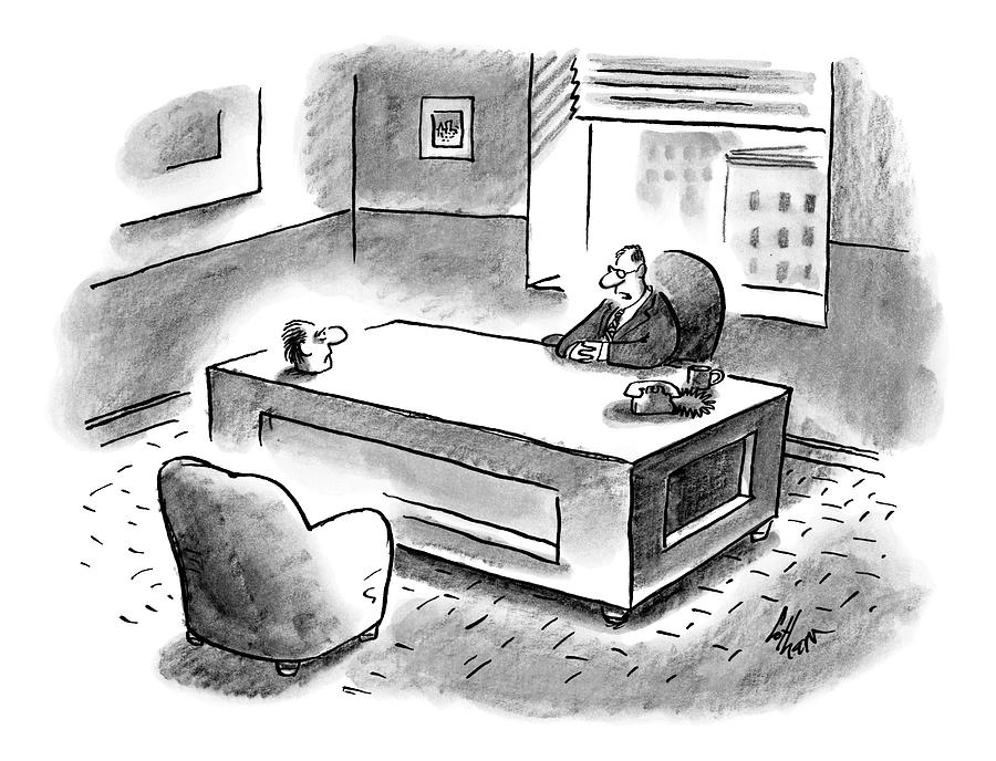 An Executive Sits At His Desk And An Employees Drawing by Frank Cotham