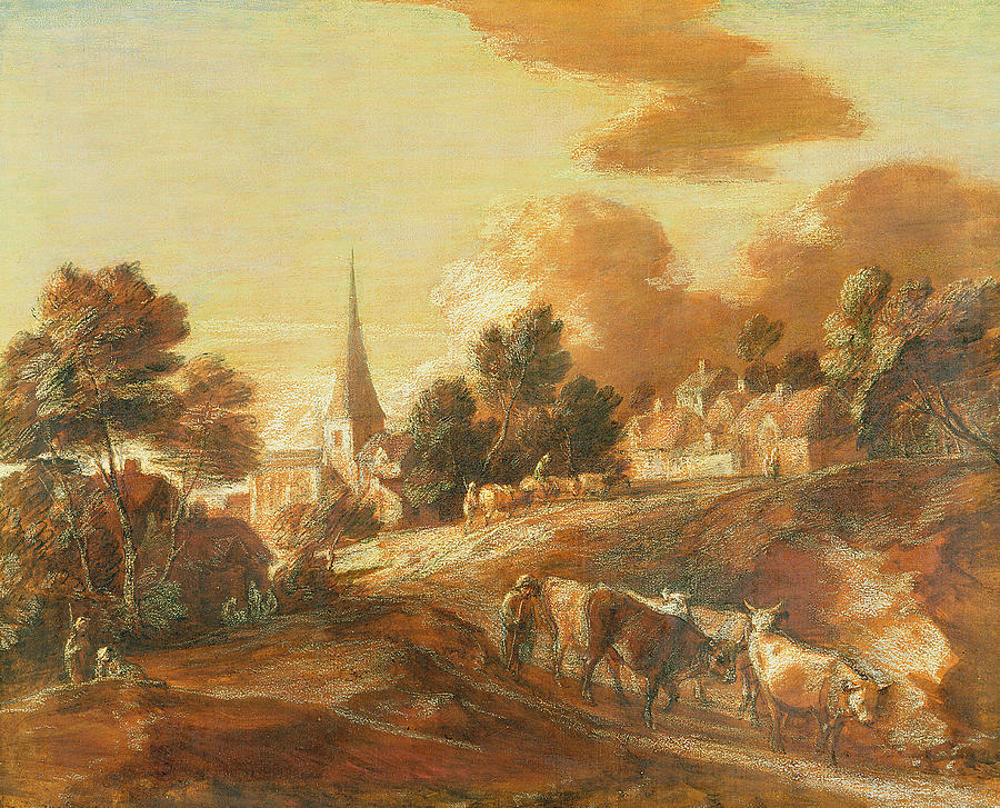 An Imaginary Wooded Village with Drovers and Cattle Painting by Thomas Gainsborough