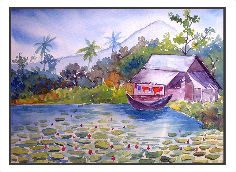 An Indian House Bank Of The Water Lily Pond Painting By Satya Art Pixels