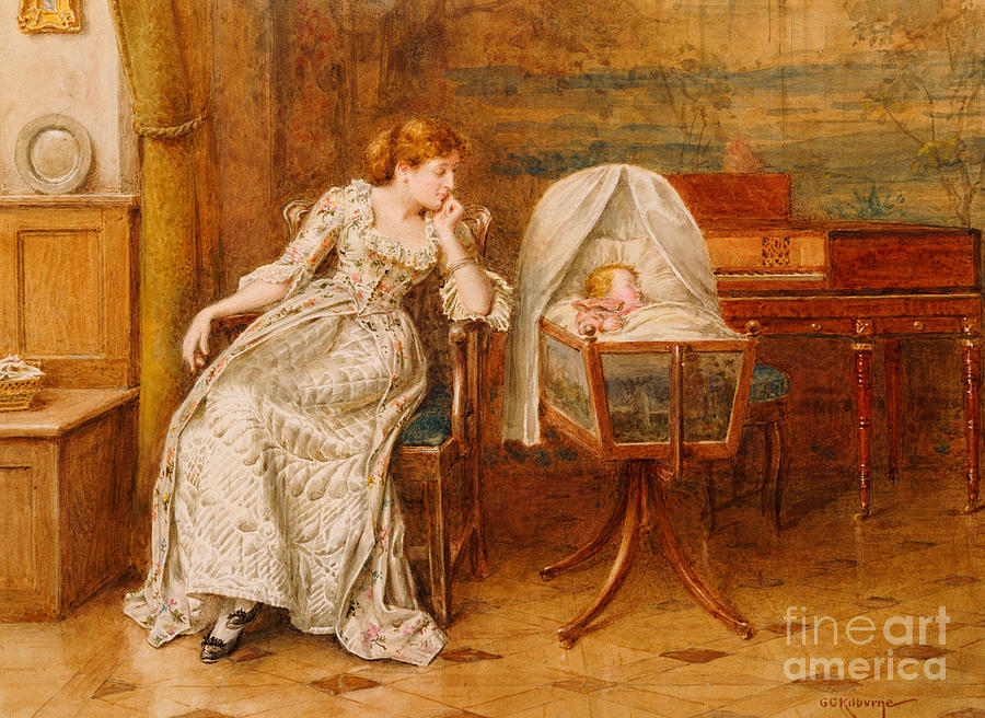 Edwardian Painting - An Interior with a Mother and Child by George Kilburne