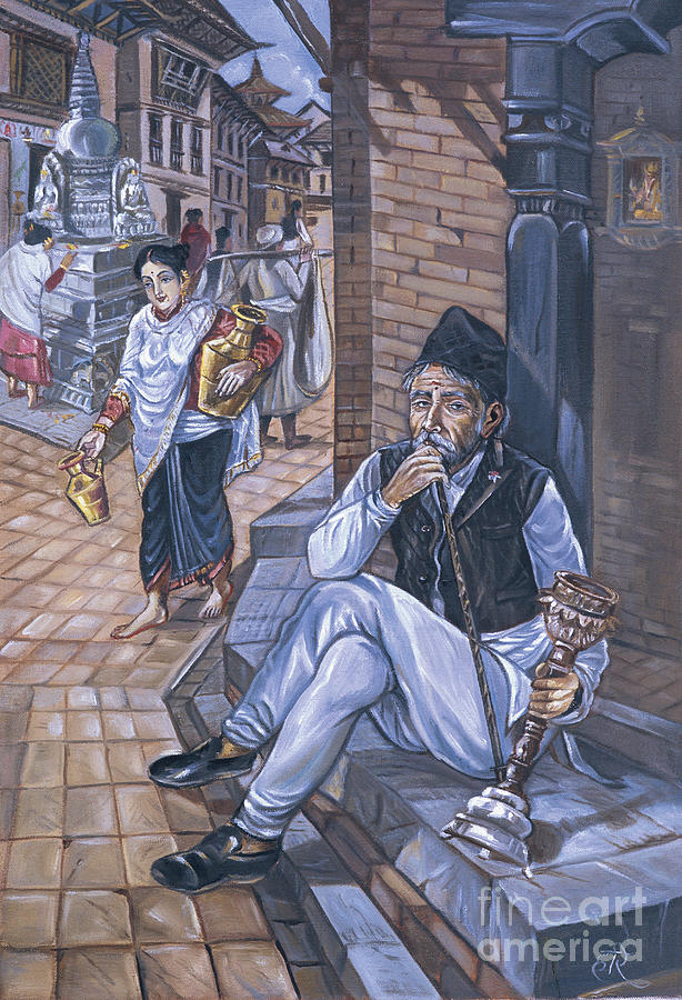 Nepal Painting - An old man smoking hookah by Hari Prasad Sharma