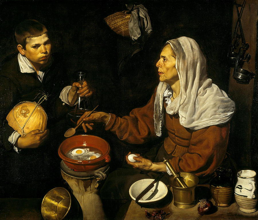 An old woman frying eggs Painting by Diego Velazquez