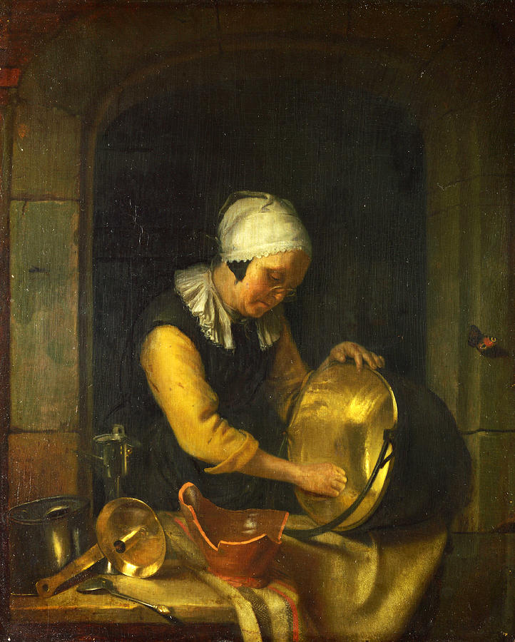 An Old Woman scouring a Pot Painting by Godfried Schalcken